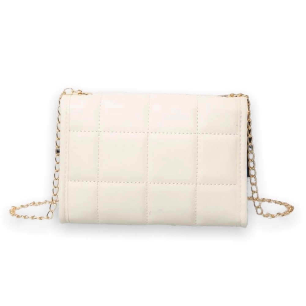 New Boho Plaid Quilted Cream Beige Faux Leather Flap Chain Square Crossbody Bag - Picture 9 of 16